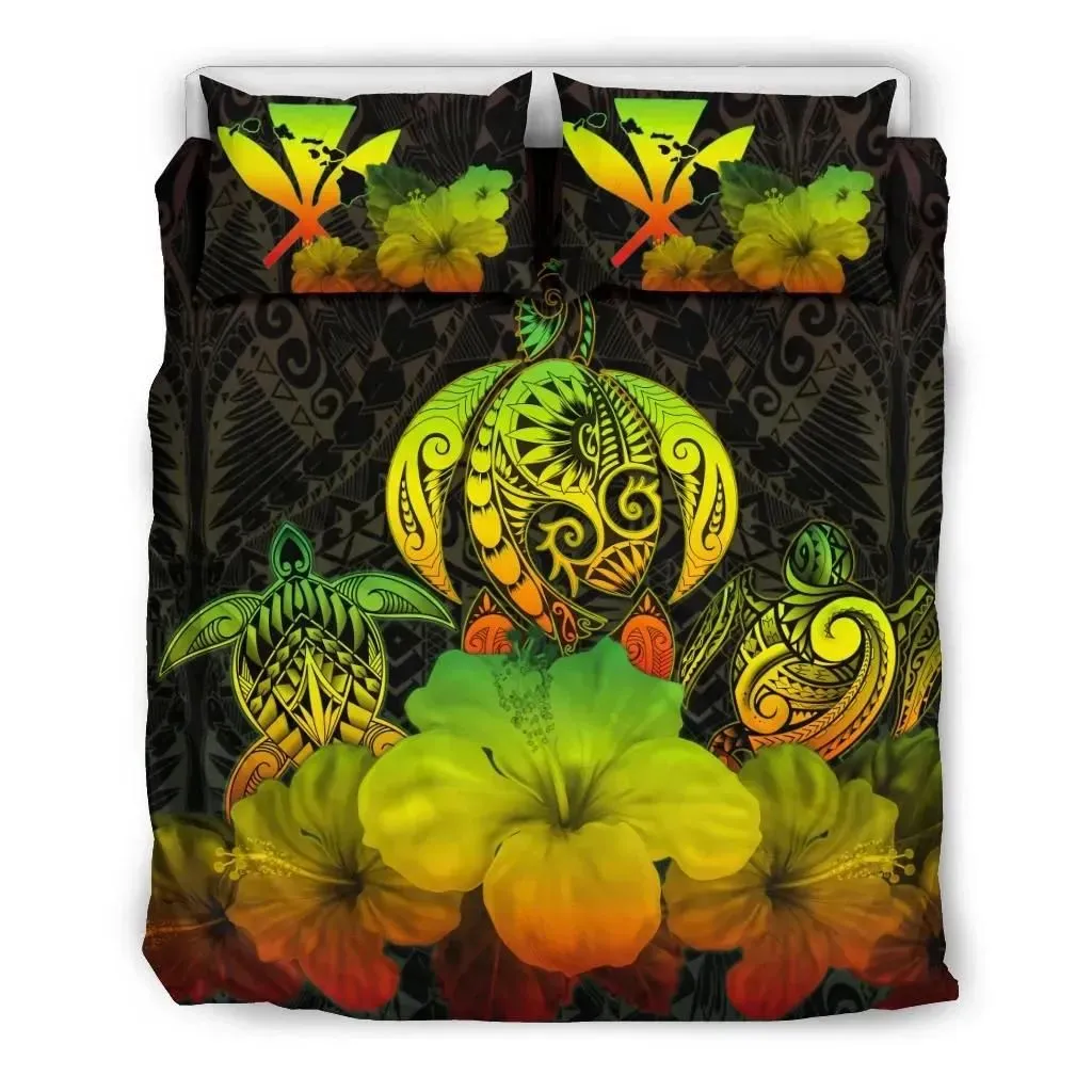 Alohawaii Bedding Set - Cover and Pillow Cases Kanaka Maoli (Hawaiian) Reggae Turtle Polynesian with Hibiscus TH5