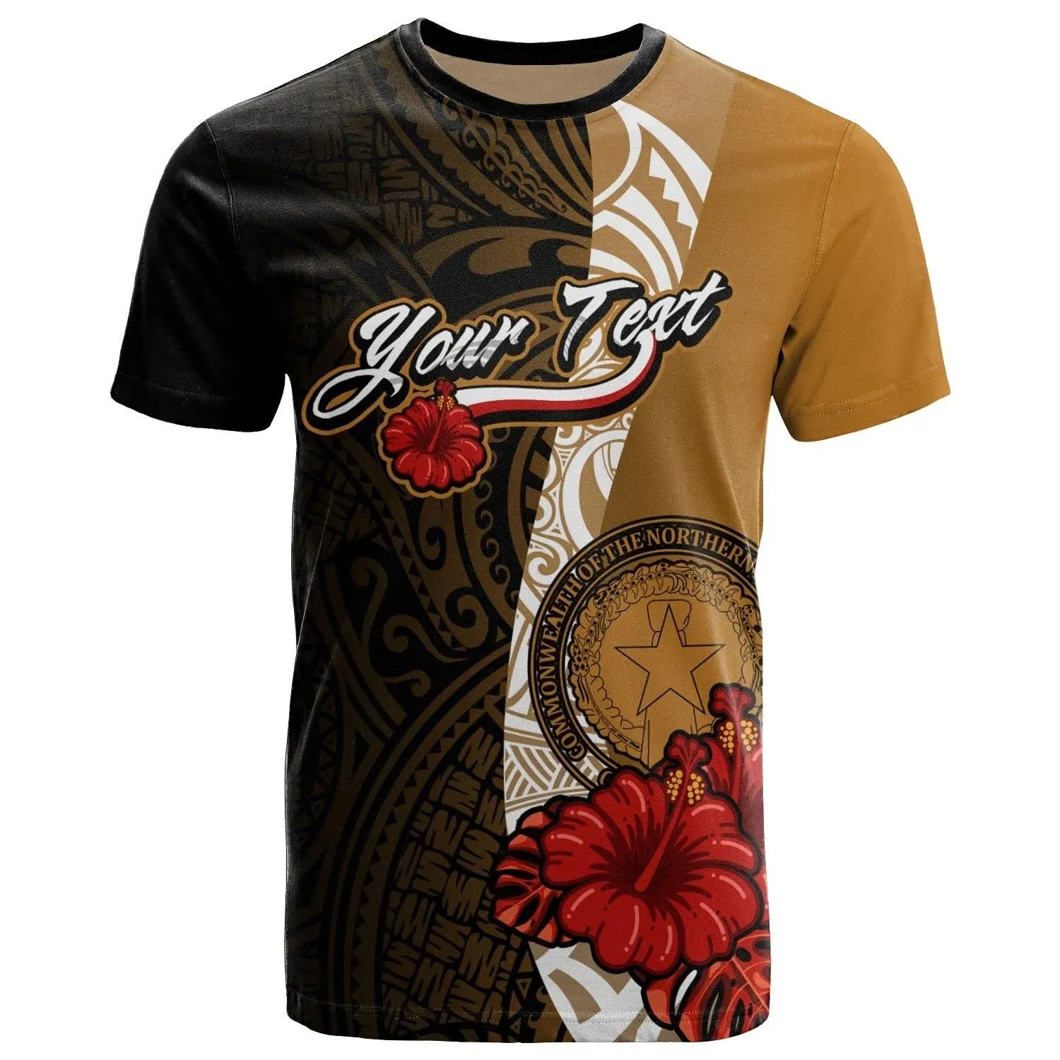 Northern Mariana Islands Polynesian Custom Personalised T-Shirt - Coat Of Arms With Hibiscus Gold - BN12