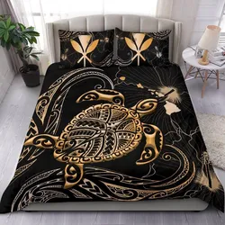 Alohawaii Bedding Set - Cover and Pillow Cases Kanaka Maoli Hawaiian Map - Turtle Polynesian Hibiscus Gold K4