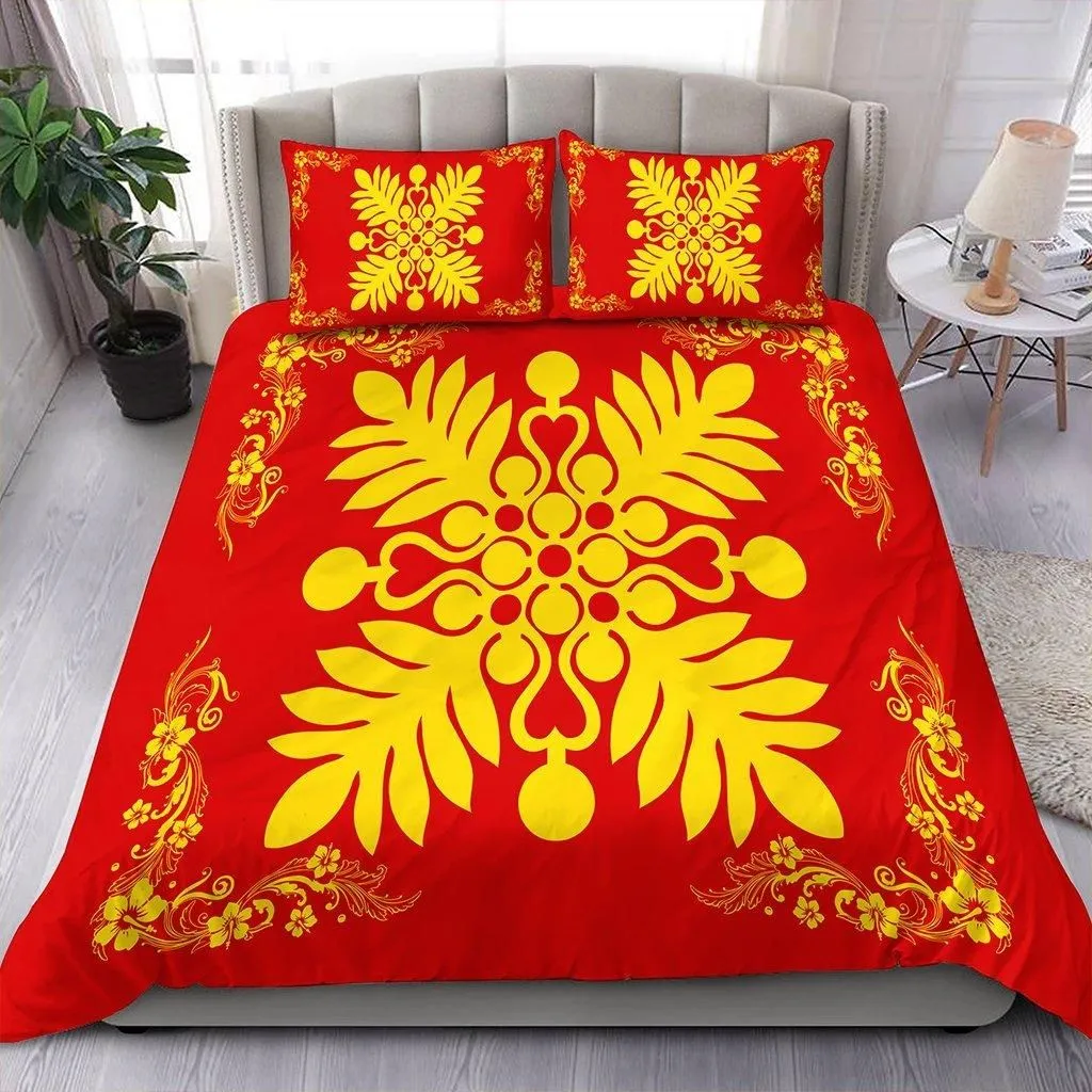 Hawaiian Quilt Maui Plant And Hibiscus Pattern Bedding Set - Royal - AH