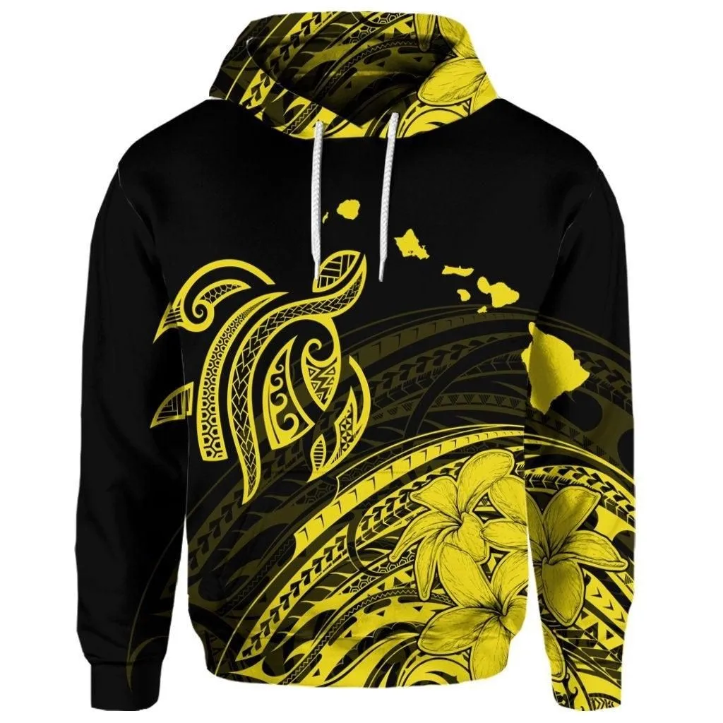 (Personalised) Hawaii Turtle Polynesian Map Plumeria Yellow Hoodie