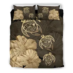FamilyGater Bedding Set - Cover and Pillow Cases Hawaiian Map Turtle Hibiscus Vintage Polynesian Gold - AH - J9