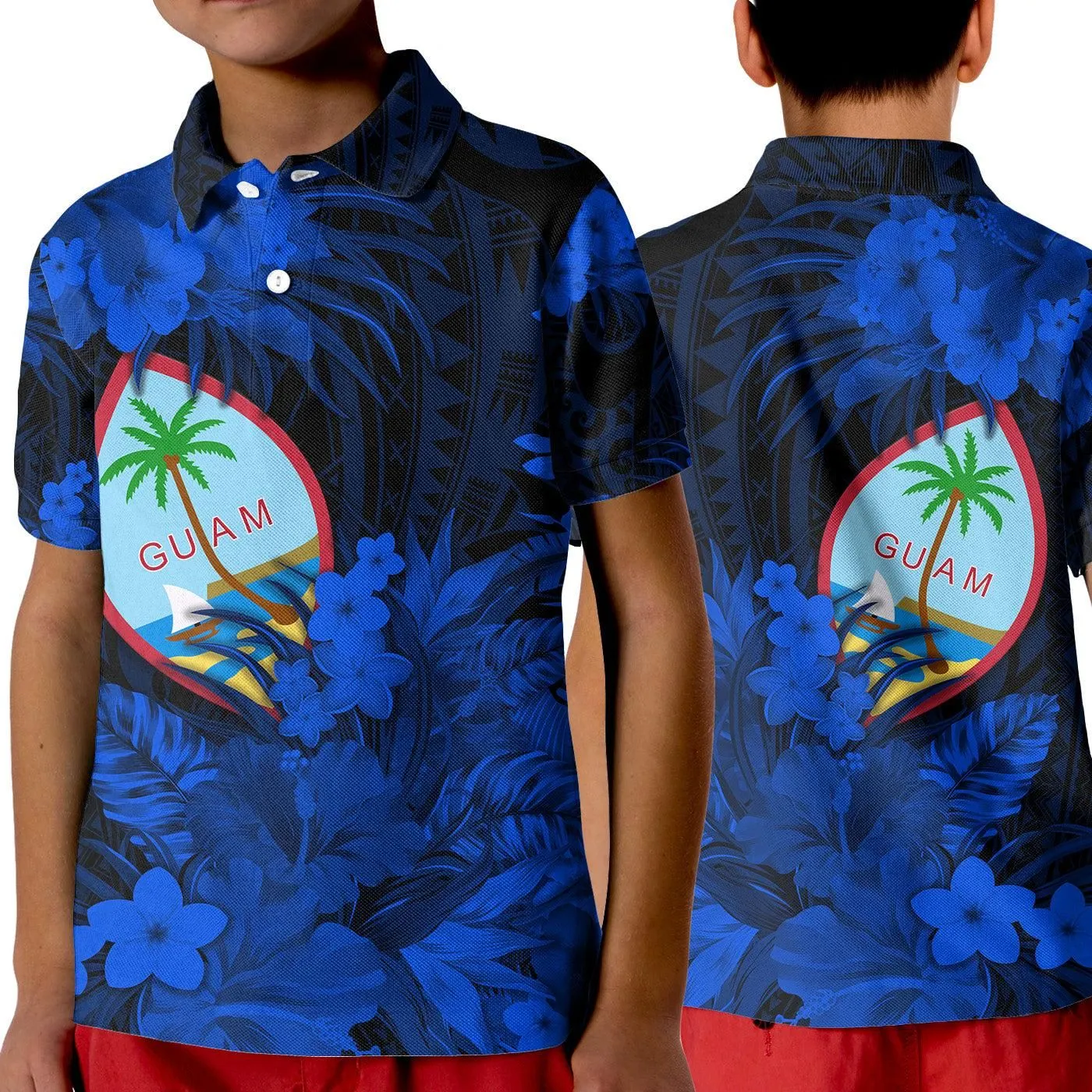 Guam Polynesian Polo Shirt KID Tropical Flowers - Blue LT8