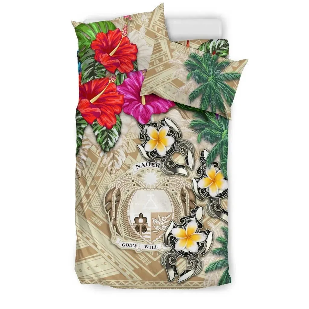 Alohawaii Bedding Set - Cover and Pillow Cases Nauru - Hibiscus Turtle Tattoo Beige A02