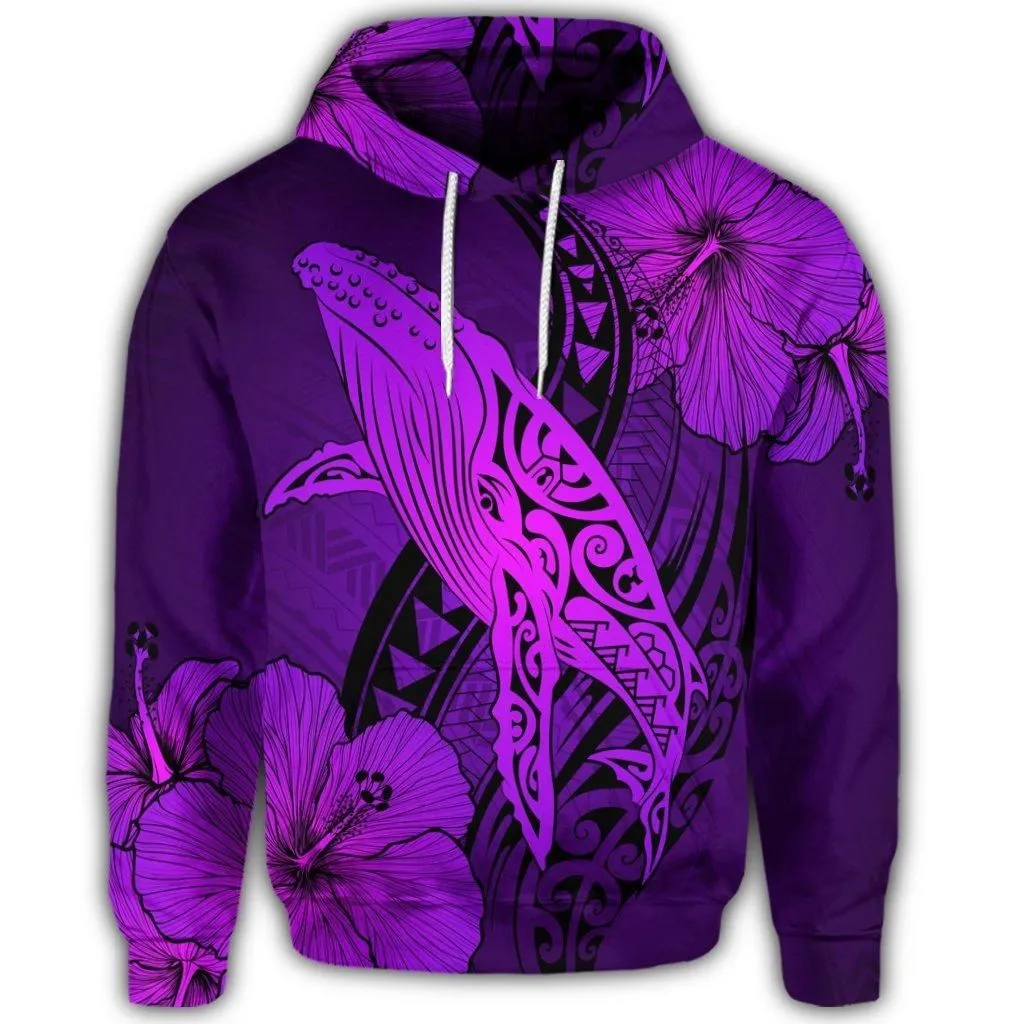 Hawaiian Map Whale Swim Hibiscus Polynesian Hoodie - Purple