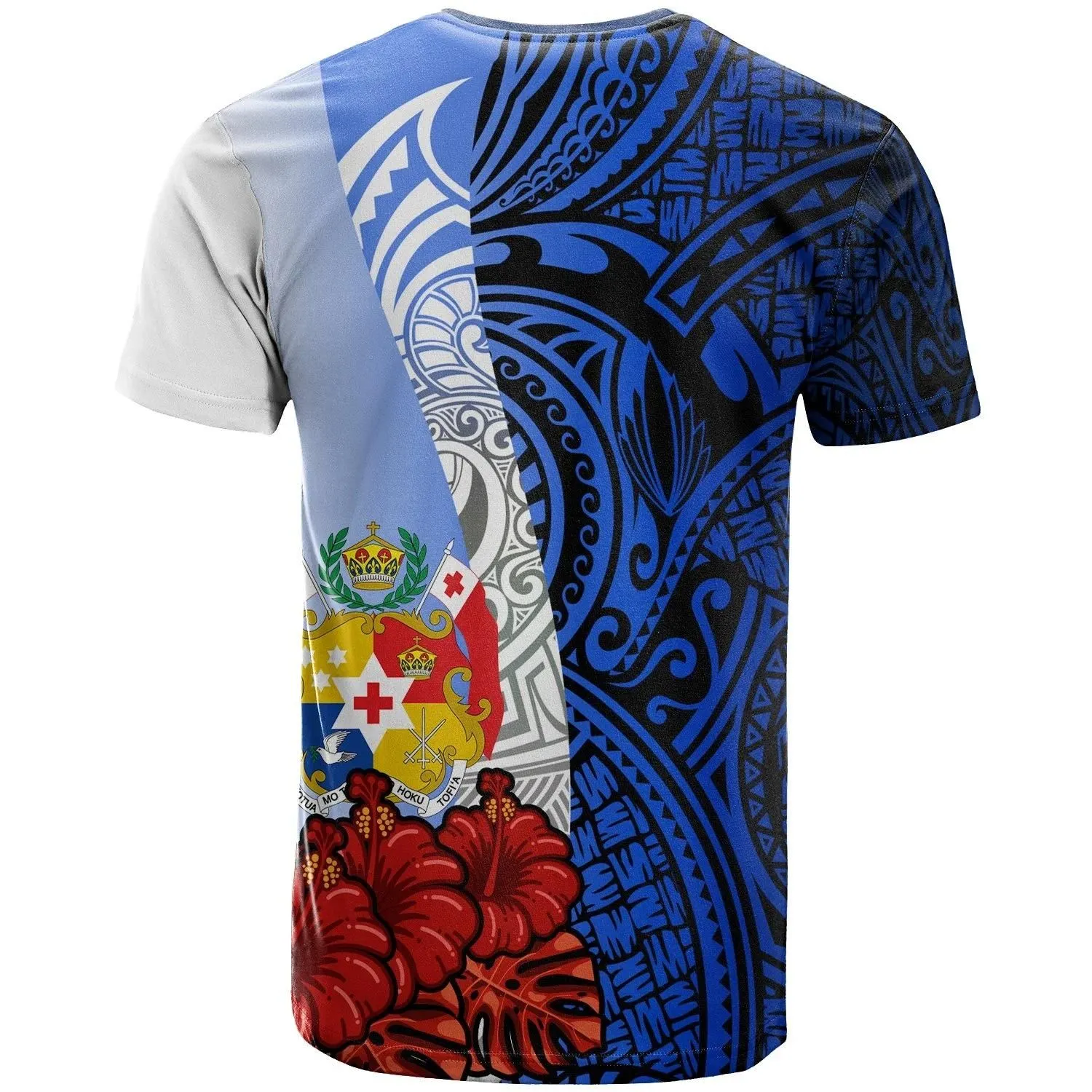 Tonga Polynesian T-shirt - Coat Of Arm With Hibiscus Blue - BN12