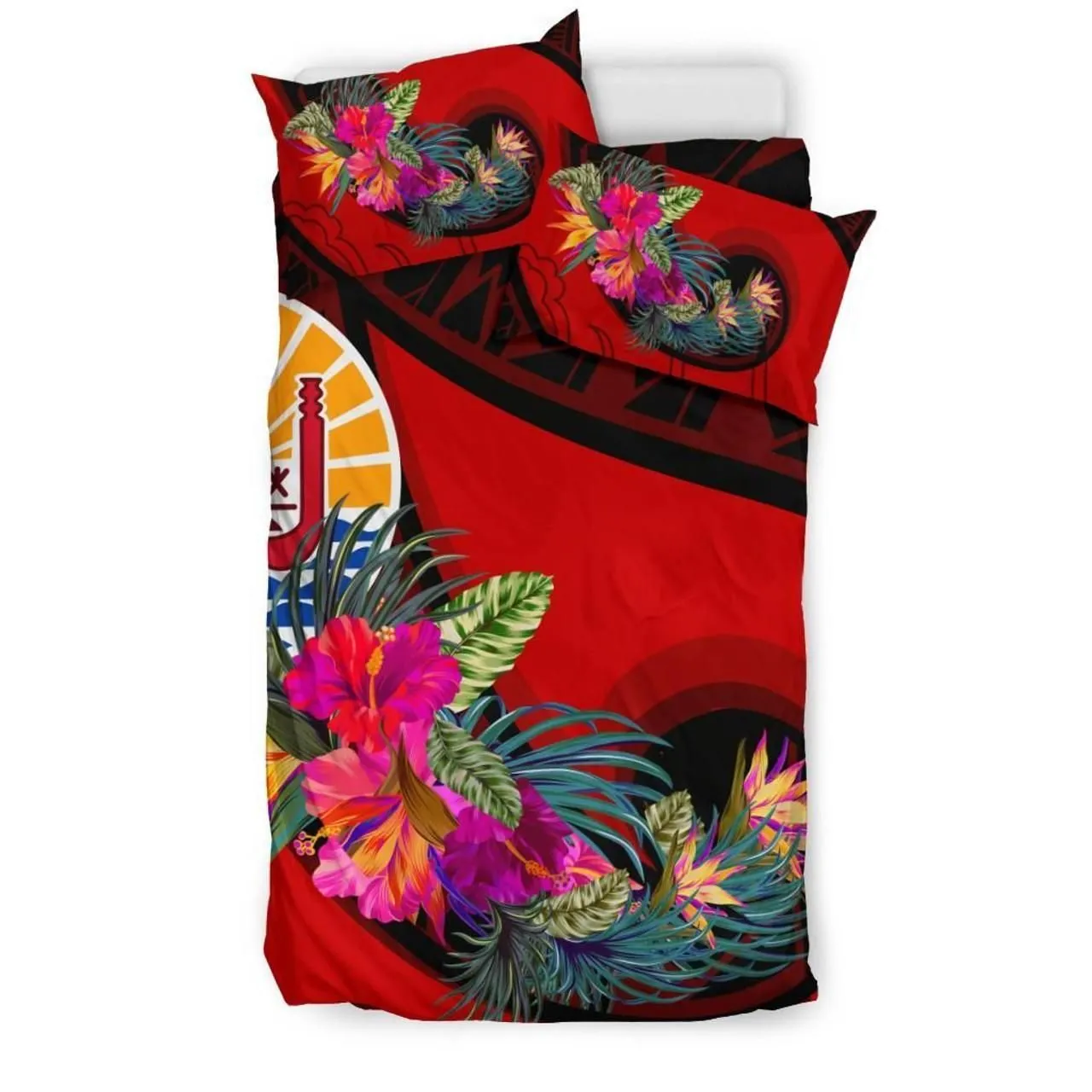 Tahiti Bedding Set - Polynesian Hook And Hibiscus (Red)