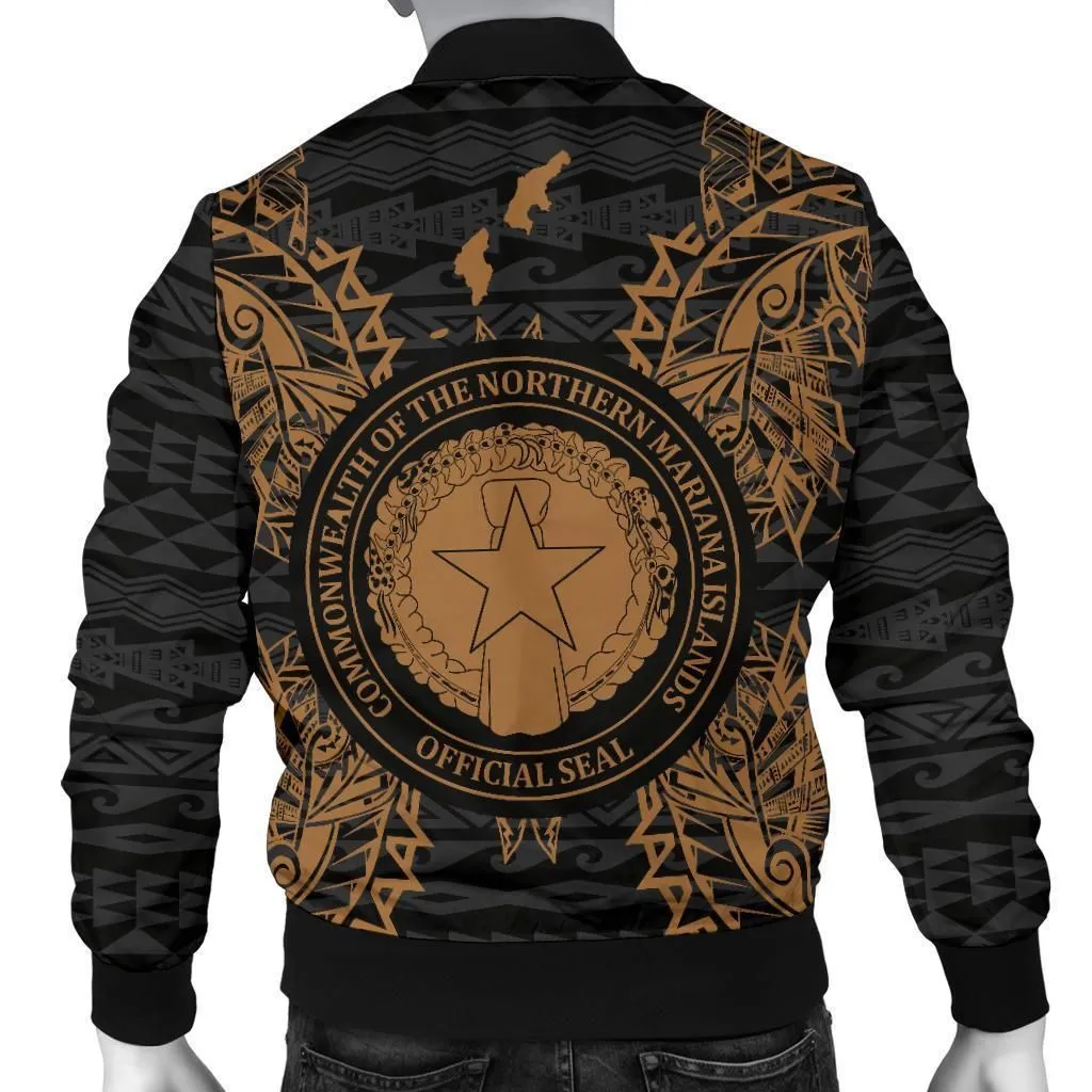 Northern Mariana Islands Polynesian Mens Bomber Jacket Map Gold
