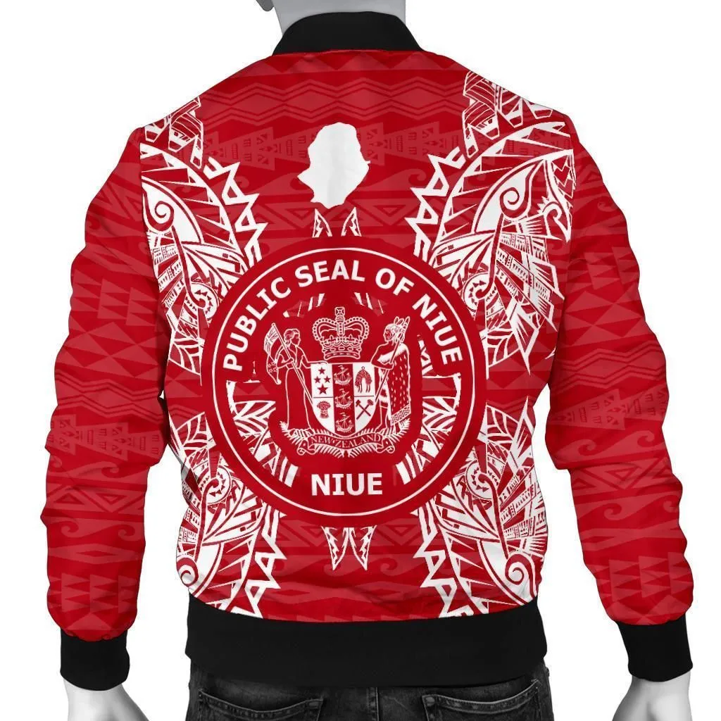 Niue Polynesian Mens Bomber Jacket Map Red White
