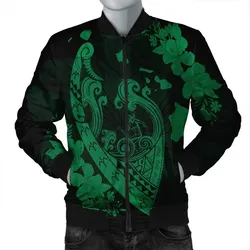 FamilyGaterJacket - Hawaiian Fish Hook Hibiscus Banzai Surfing Polynesian Bomber Jacket Green - AH - J5R