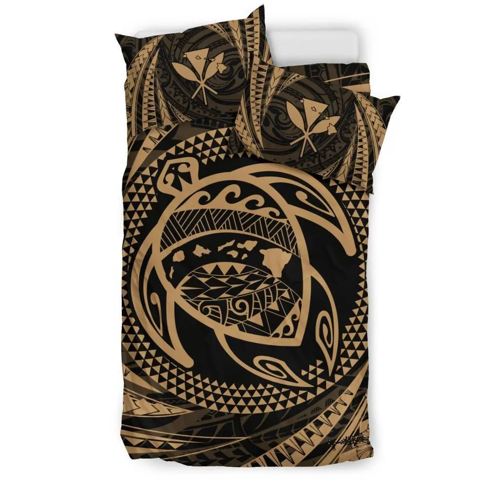 FamilyGater Bedding Set - Cover and Pillow Cases Hawaiian Kanaka Honu Hibiscus Tornado Gold Polynesian - AH - JD
