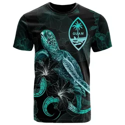 Guam Polynesian T shirt - Turtle With Blooming Hibiscus Turquoise