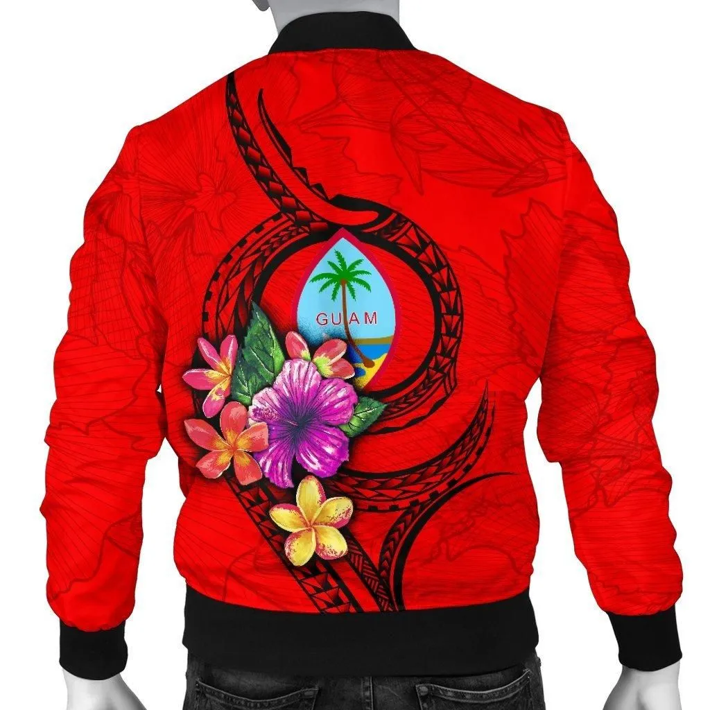 Guam Polynesian Custom Personalised Mens Bomber Jacket - Floral With Seal Red