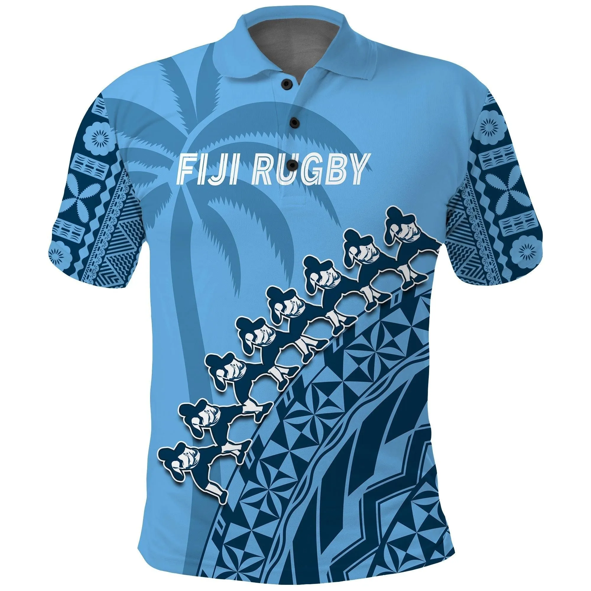 Custom Text And Number Fiji Tapa Rugby Polo Shirt Fijian Cibi Dance Tapa Pattern Blue LT14