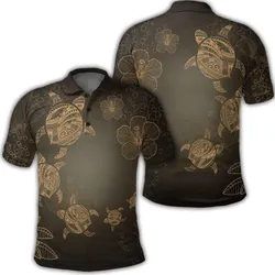 Hawaiian Plumeria Hibiscus Turtle Under Sea Polynesian Polo Shirt Gold
