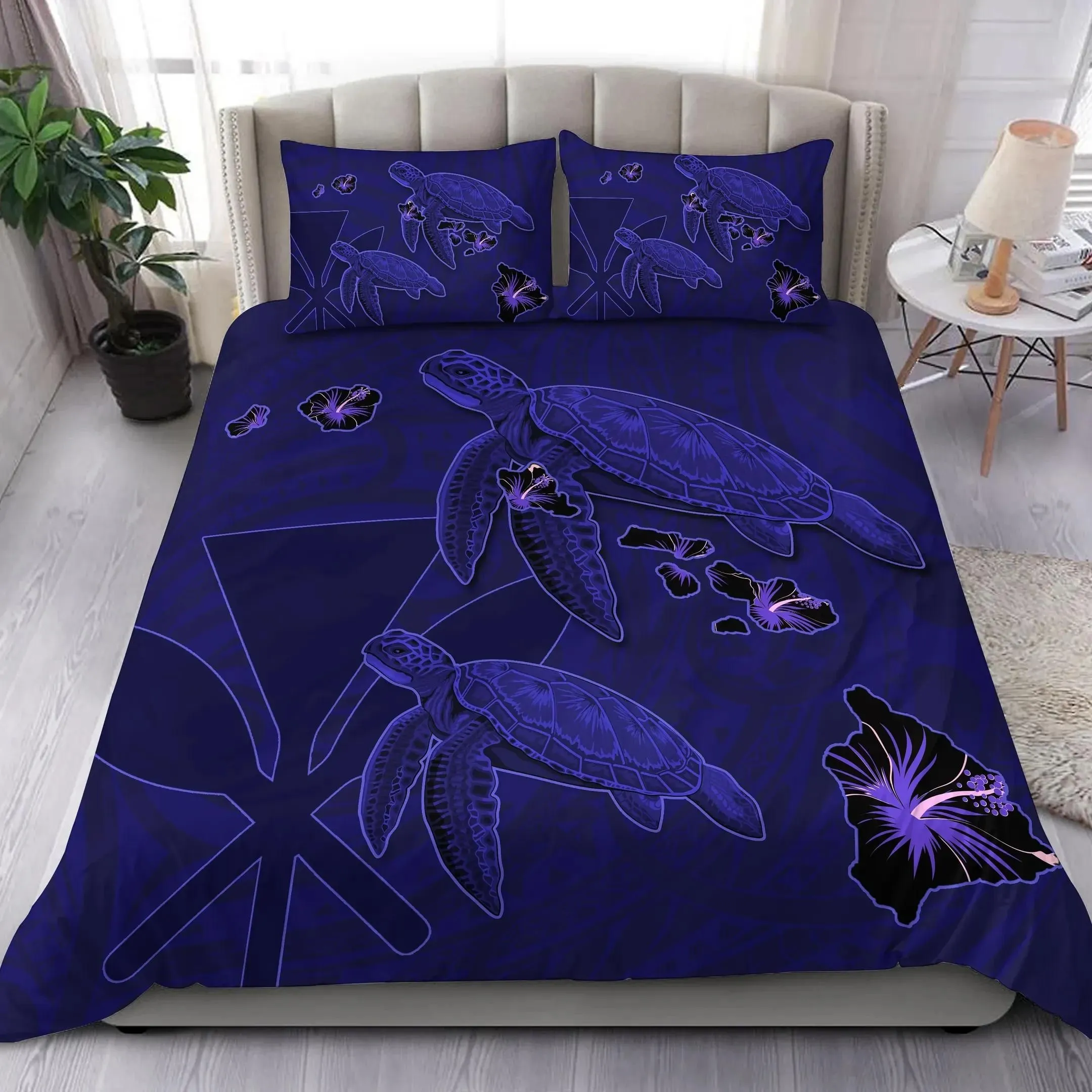 FamilyGater Home Set - Hawaii Turtle Hibiscus Kanaka Map Polynesian Bedding Set - Aura Style - AH - J2