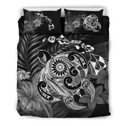 FamilyGater Home Set - Hawaiian Map Turtle Tattoo Hibiscus Plumeria Polynesian Bedding Set - White - AH - J4