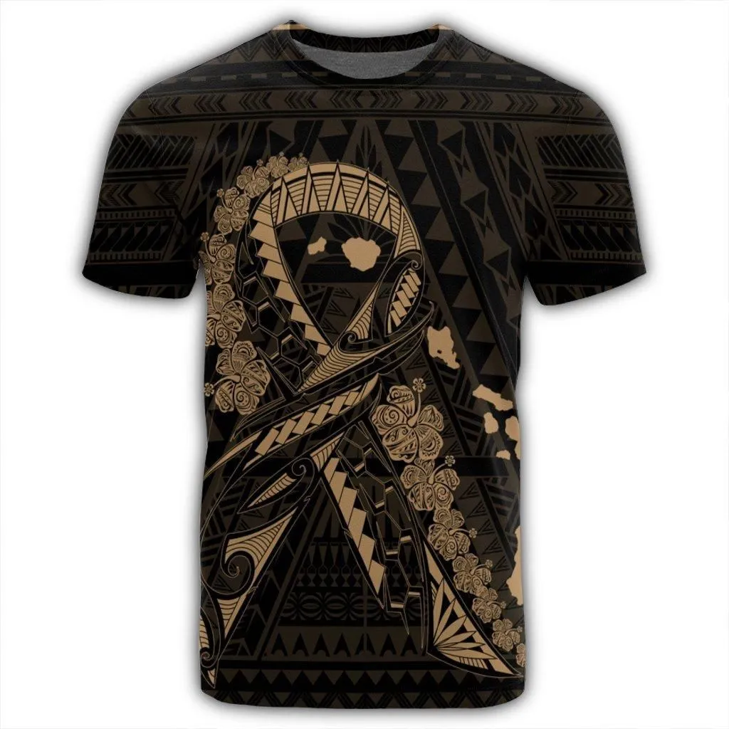 Hawaiian Map Heart Ribbon Cancer Hibiscus Gold Polynesian T-Shirt - AH