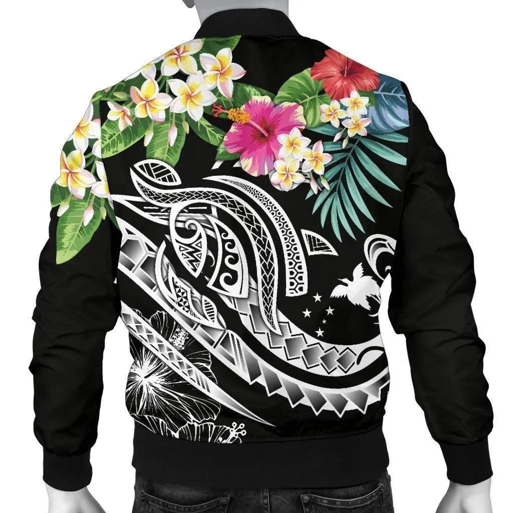 Papua New Guinea Polynesian Mens Bomber Jacket - Summer Plumeria Black