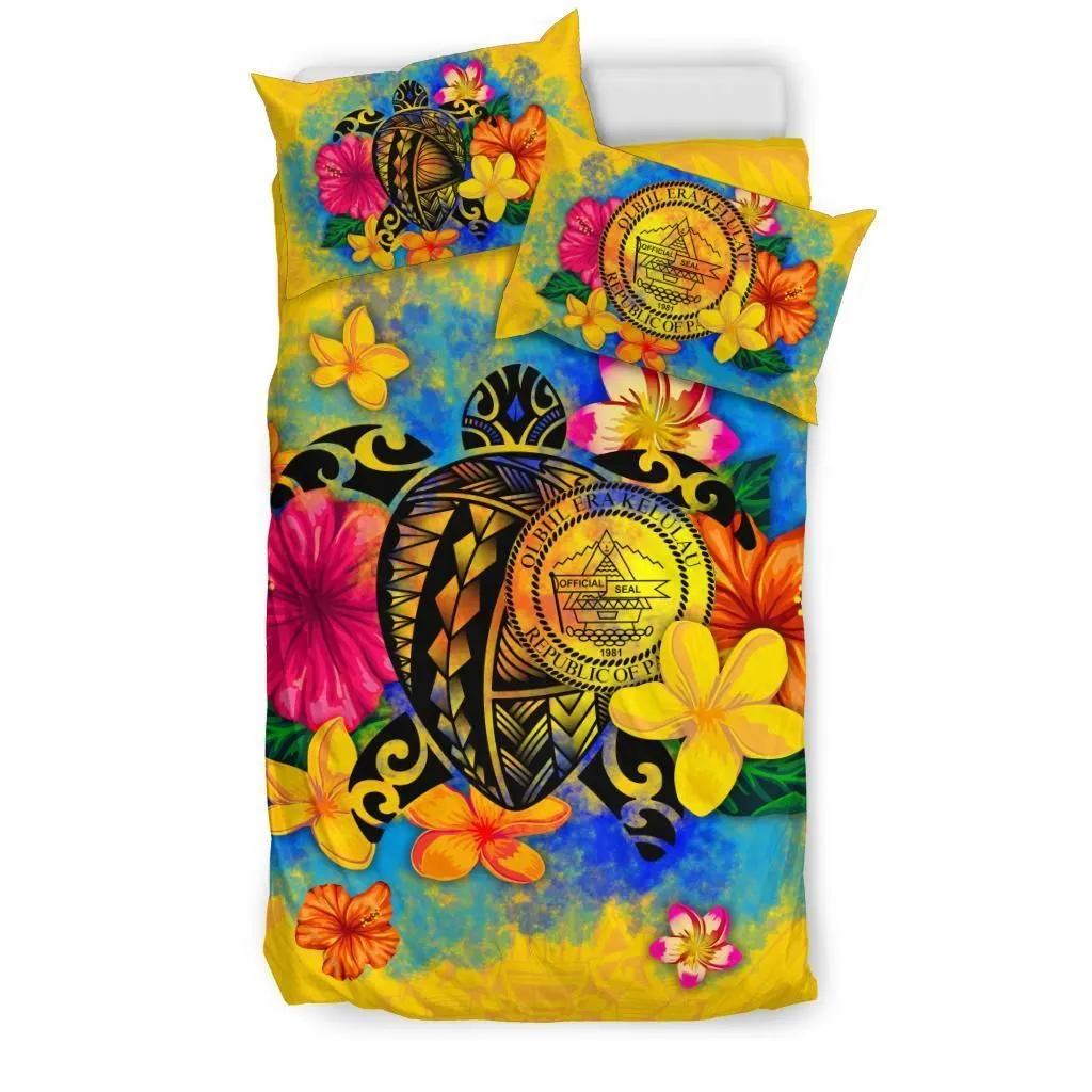 FamilyGater Bedding Set - Cover and Pillow Cases Palau Polynesian - Turtle with Plumeria and Hibiscus - BN15