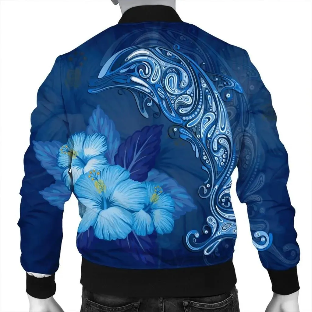 Alohawaii Jacket - Hawaiian Dolphin Hibiscus Tropic Blue Polynesian Bomber Jacket - AH - J4R