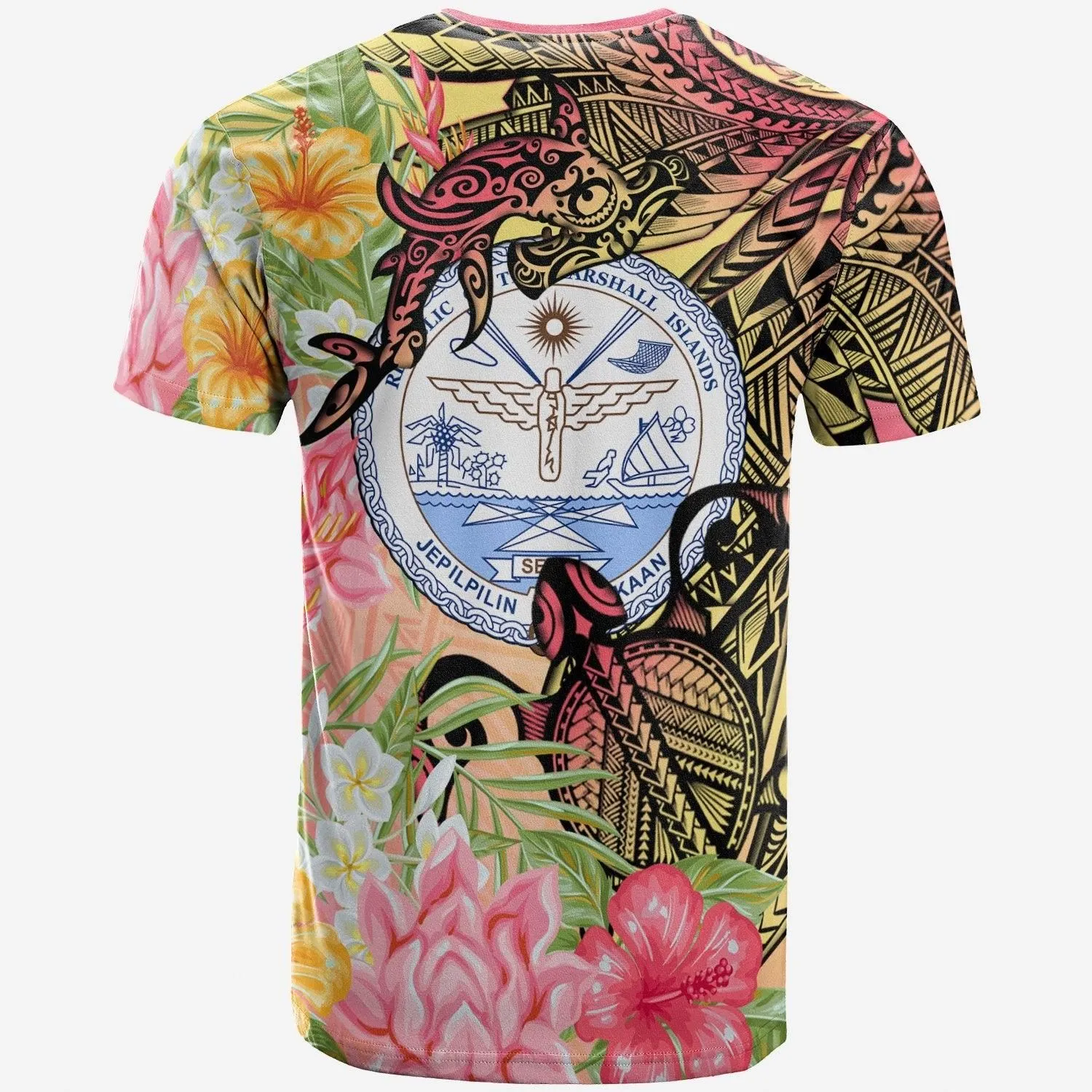 Marshall Islands T-Shirt - Flowers Tropical With Sea Animals