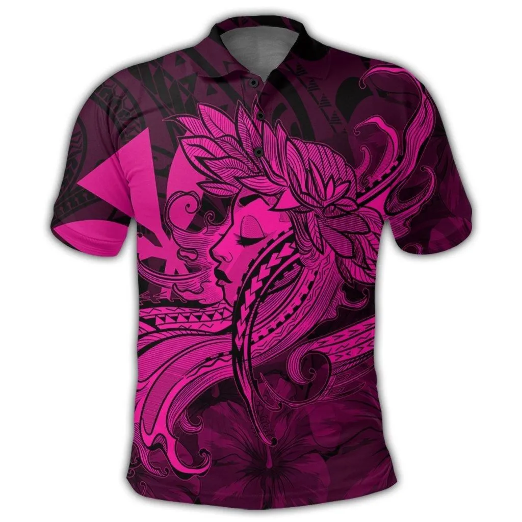 Hawaiian Map Hula Girl Hibiscus Kanaka Polynesian Polo Shirt - Pink - AH