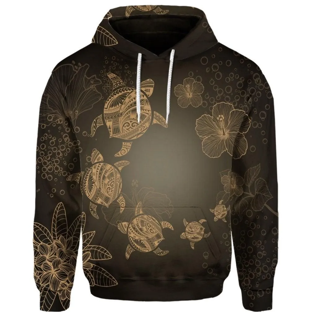 (Personalised) Hawaiian Plumeria Hibiscus Turtle Under Sea Polynesian Hoodie Gold AH