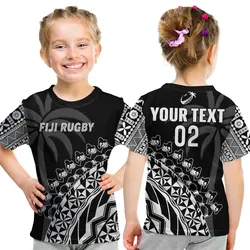 Custom Text And Number Fiji Rugby T Shirt KID Fijian Cibi Dance Tapa Pattern Black LT14