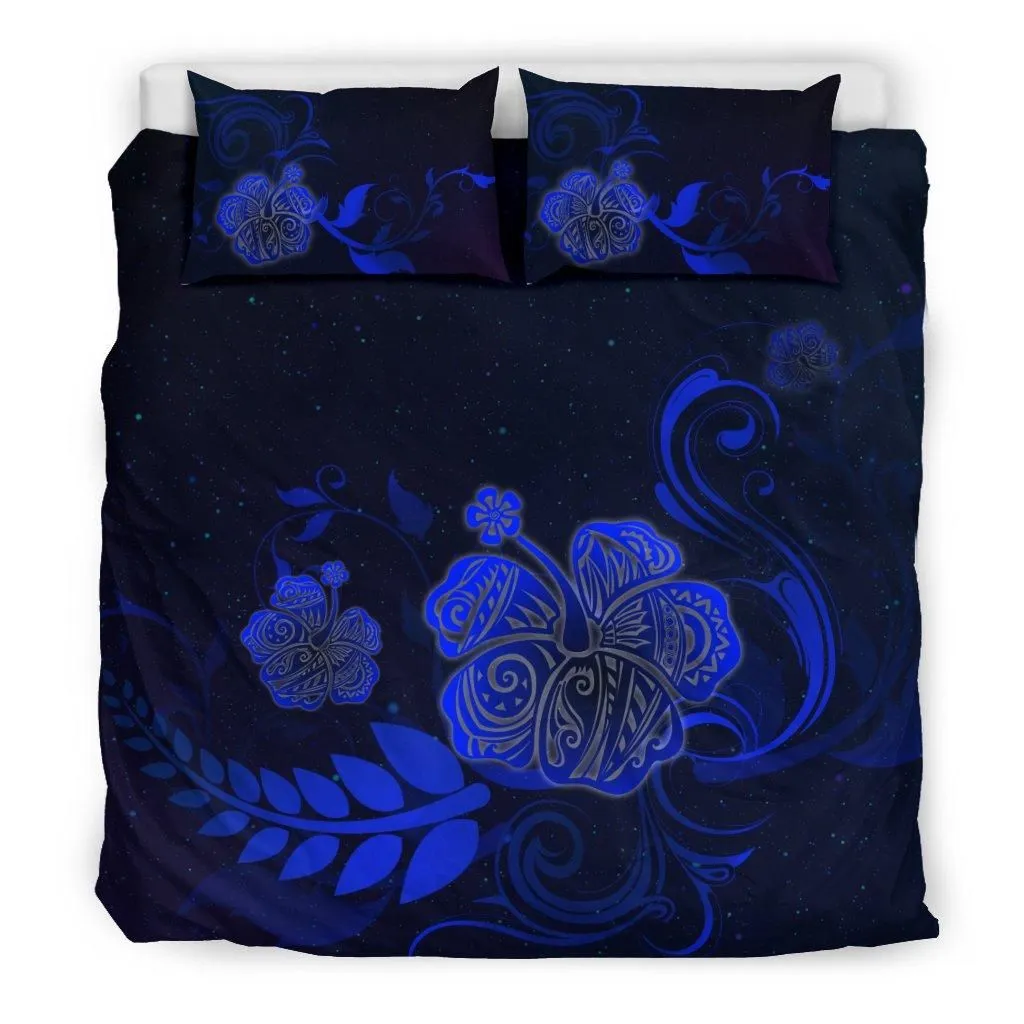 Fiji Hibiscus In Blue Star Sky Bedding Set - Hibiscus Black/Beige Duvet Cover