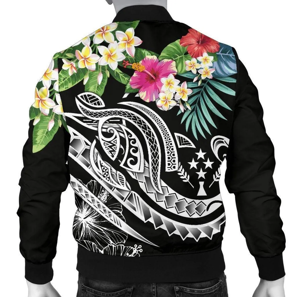 Kosrae Polynesian Mens Bomber Jacket - Summer Plumeria (Black)