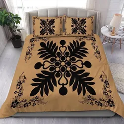Alohawaii Home Set - Hawaiian Quilt Maui Plant And Hibiscus Pattern Bedding Set - Black Gold - AH J8