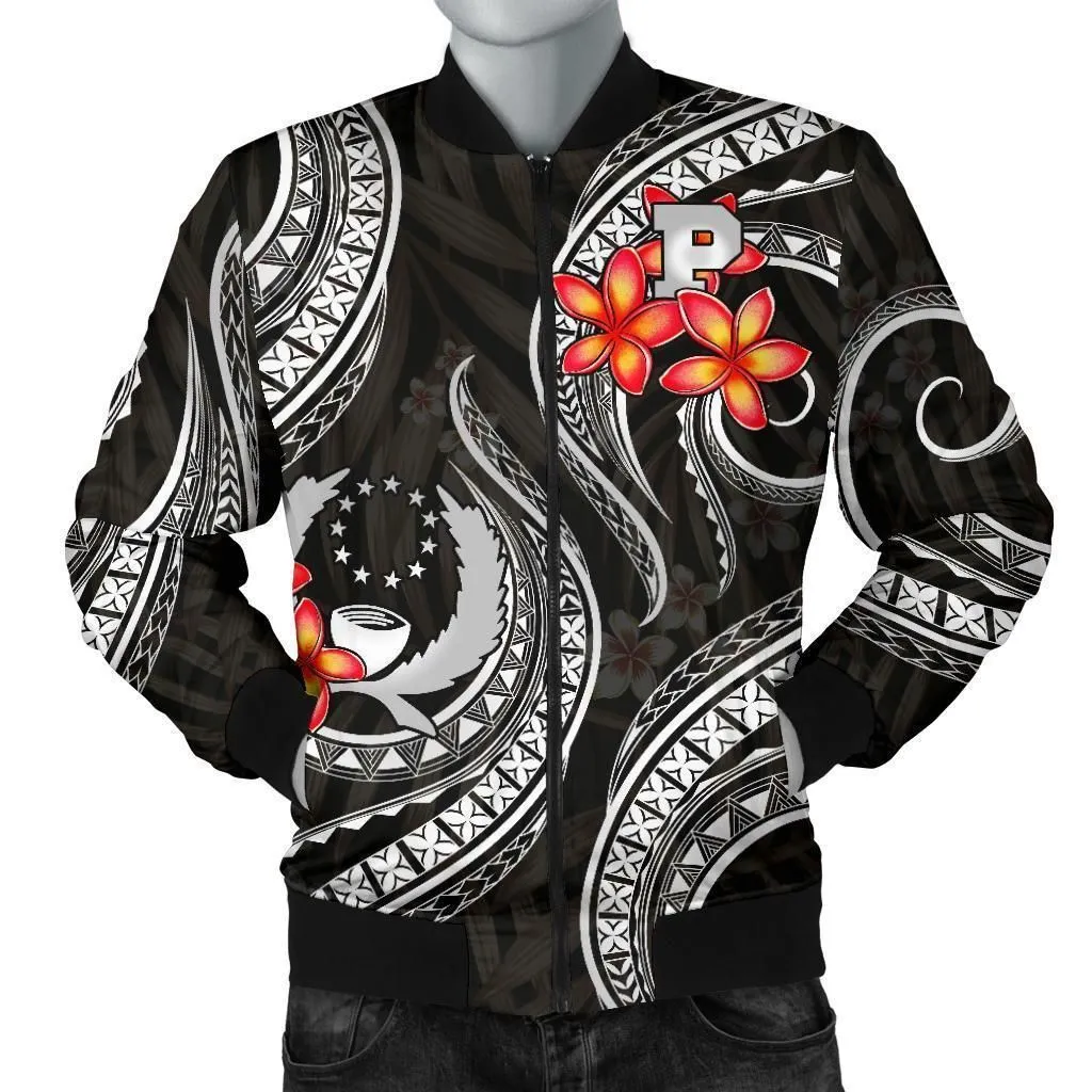 Pohnpei Micronesian Men Bomber Jacket - Black Plumeria