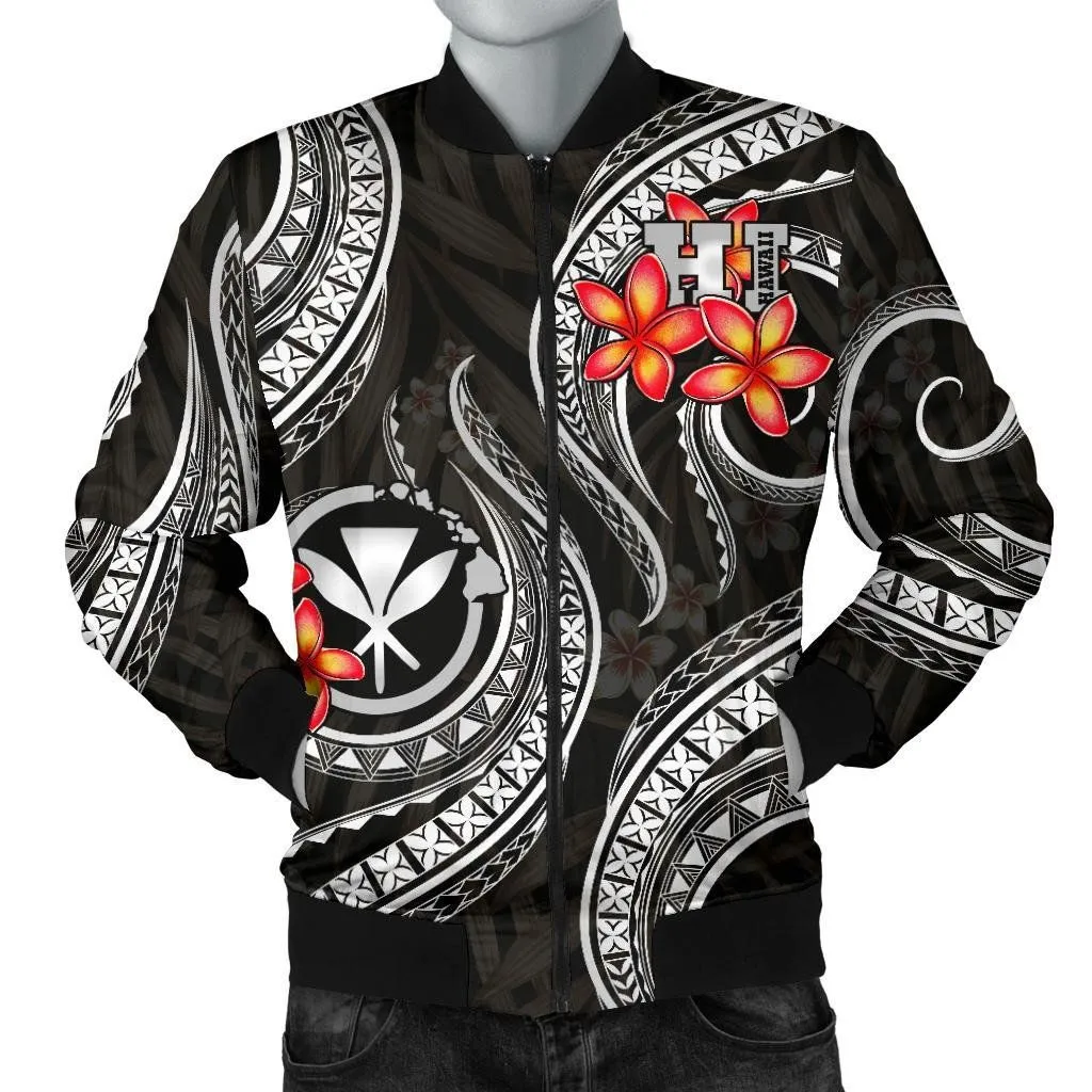 Polynesian Hawaii Men Bomber Jacket - Black Plumeria - BN11