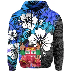 Fiji Tie Dye Hoodie Polynesian Blue Tribal Creative Tropical Flowers LT13