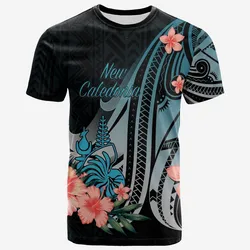 New Caledonia T shirt - Turquoise Polynesian Hibiscus Pattern Style