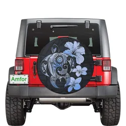 Hibiscus Plumeria Mix Polynesian Turtle Blue Spare Tire Cover AH