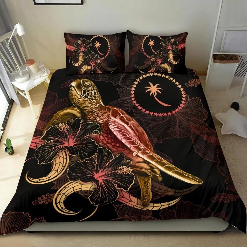 Chuuk Polynesian Bedding Set - Turtle With Blooming Hibiscus Gold
