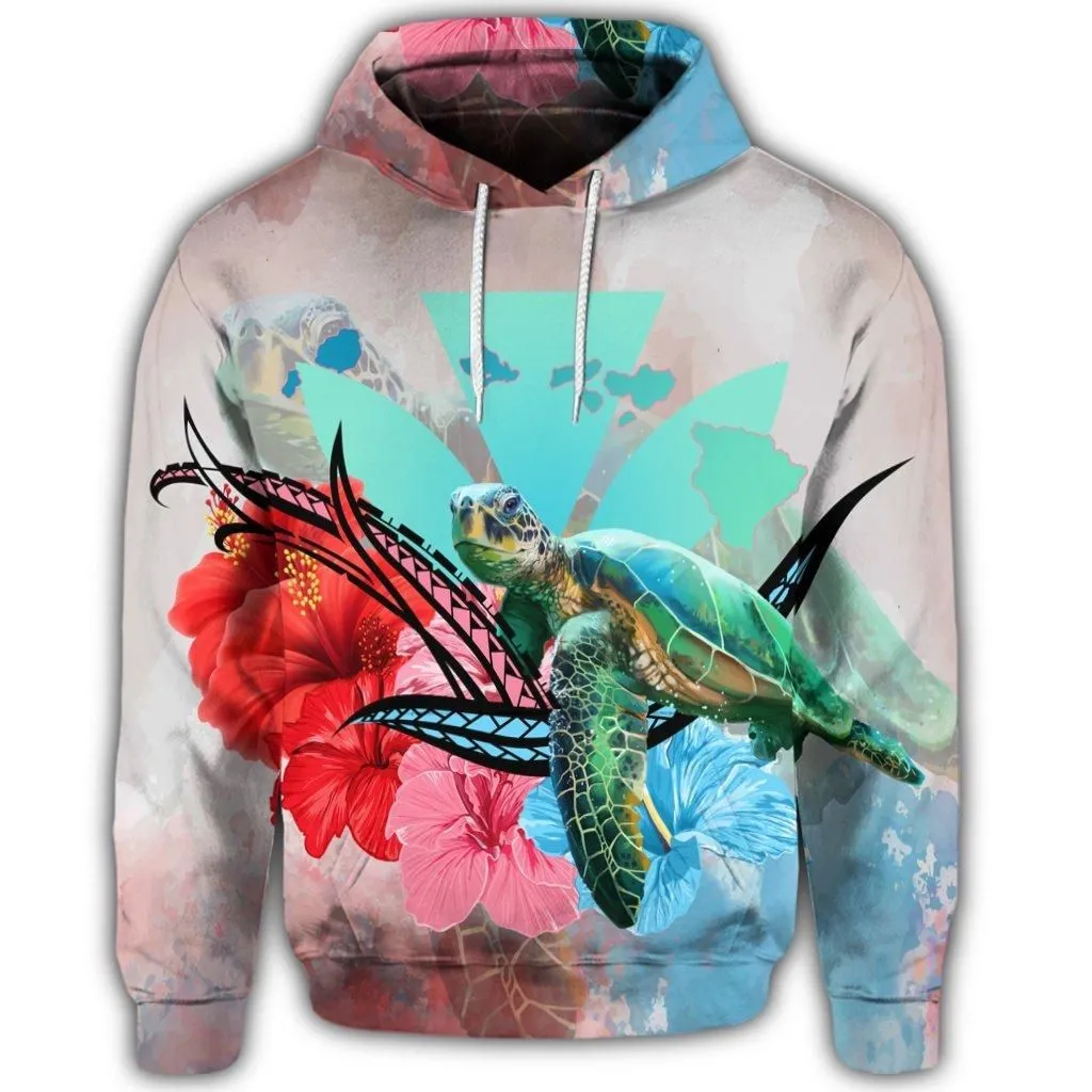 Hawaiian Map Kanaka Sea Turtle Hibiscus Hoodie - AH - Blue Pink