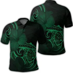 Hawaii Map Turtle Hibiscus Divise Polynesian Polo Shirt Green - AH