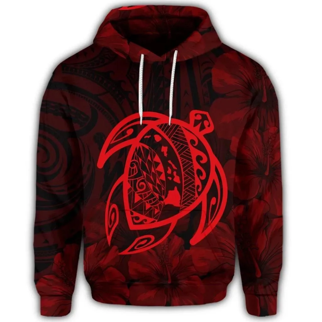 Alohawaii Hoodie - Hawaiian Map Turtle Kanaka Hibiscus Polynesian Hoodie - Red - AH - J4R