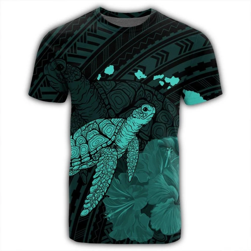Hawaii Polynesian Hibiscus Turtle Map T-Shirt Turquoise - AH