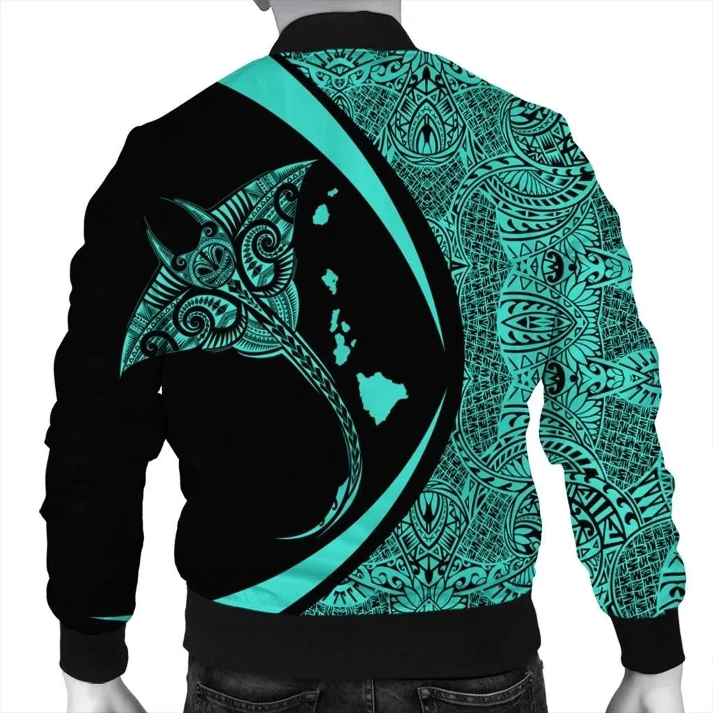 FamilyGater Jacket - Hawaiian Map Manta Ray Polynesian Bomber Jacket - Turquoise - Circle Style - AH - J4R