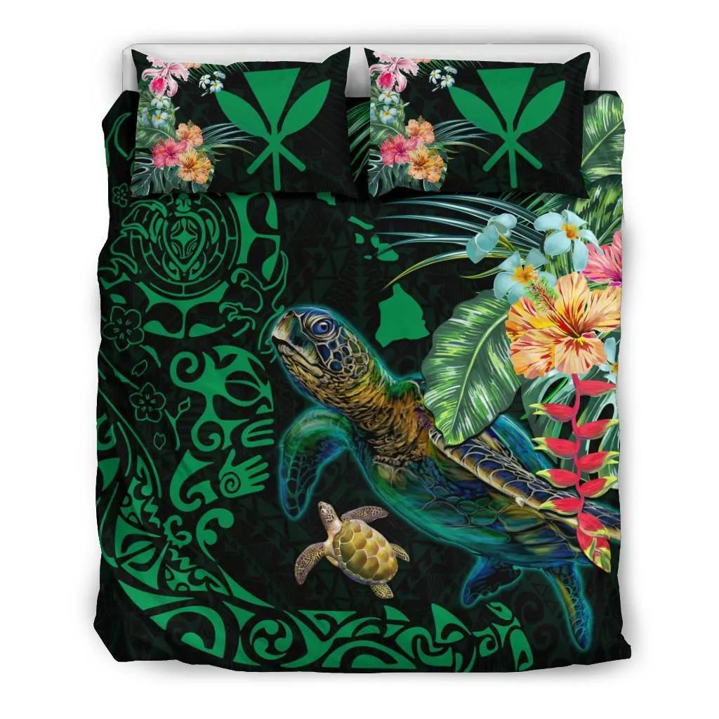 Hawaii Tiki Polynesian Bedding Set - Turtle Mix Hibiscus Green
