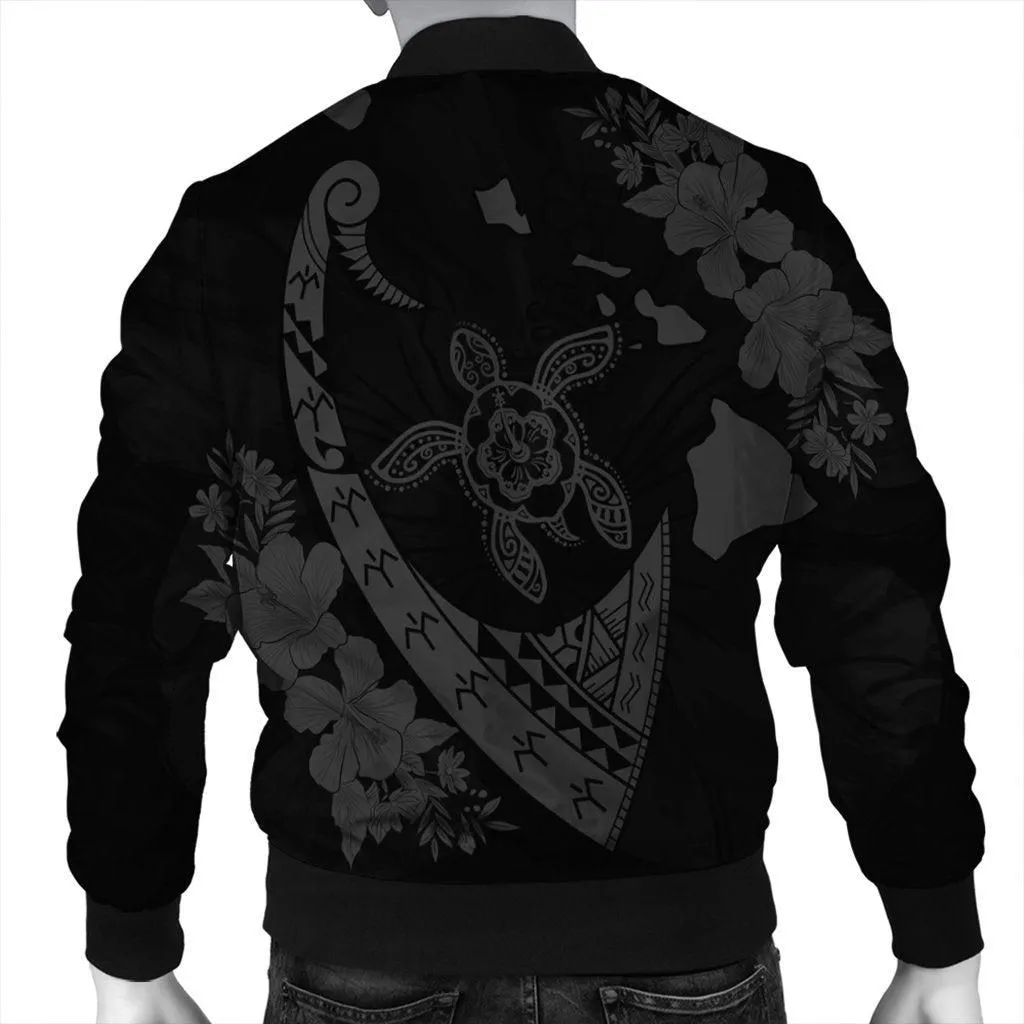 Hawaiian Map Hibiscus Turtle Fish Hook Polynesian Bomber Jacket Grey