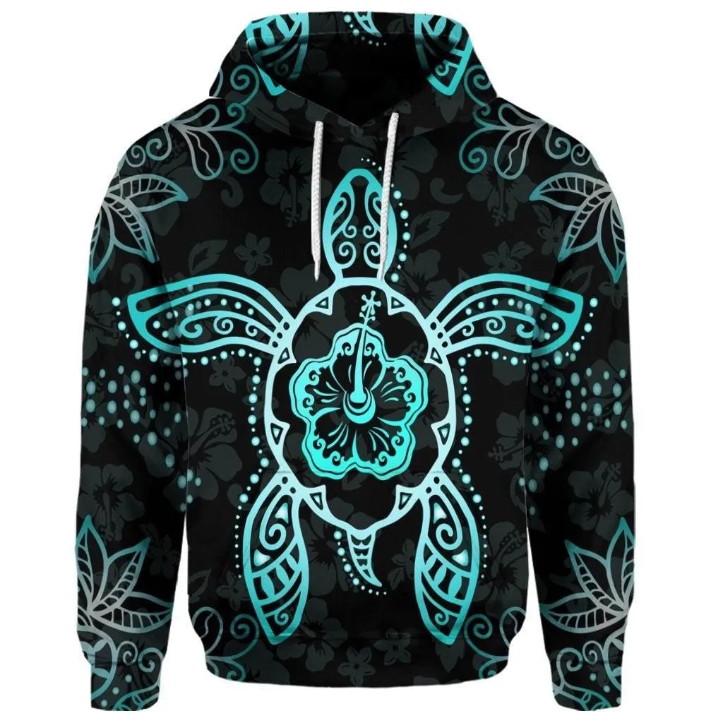 (Personalised) Hawaiian Turtle And Hibiscus Polynesian Hoodie Turquoise