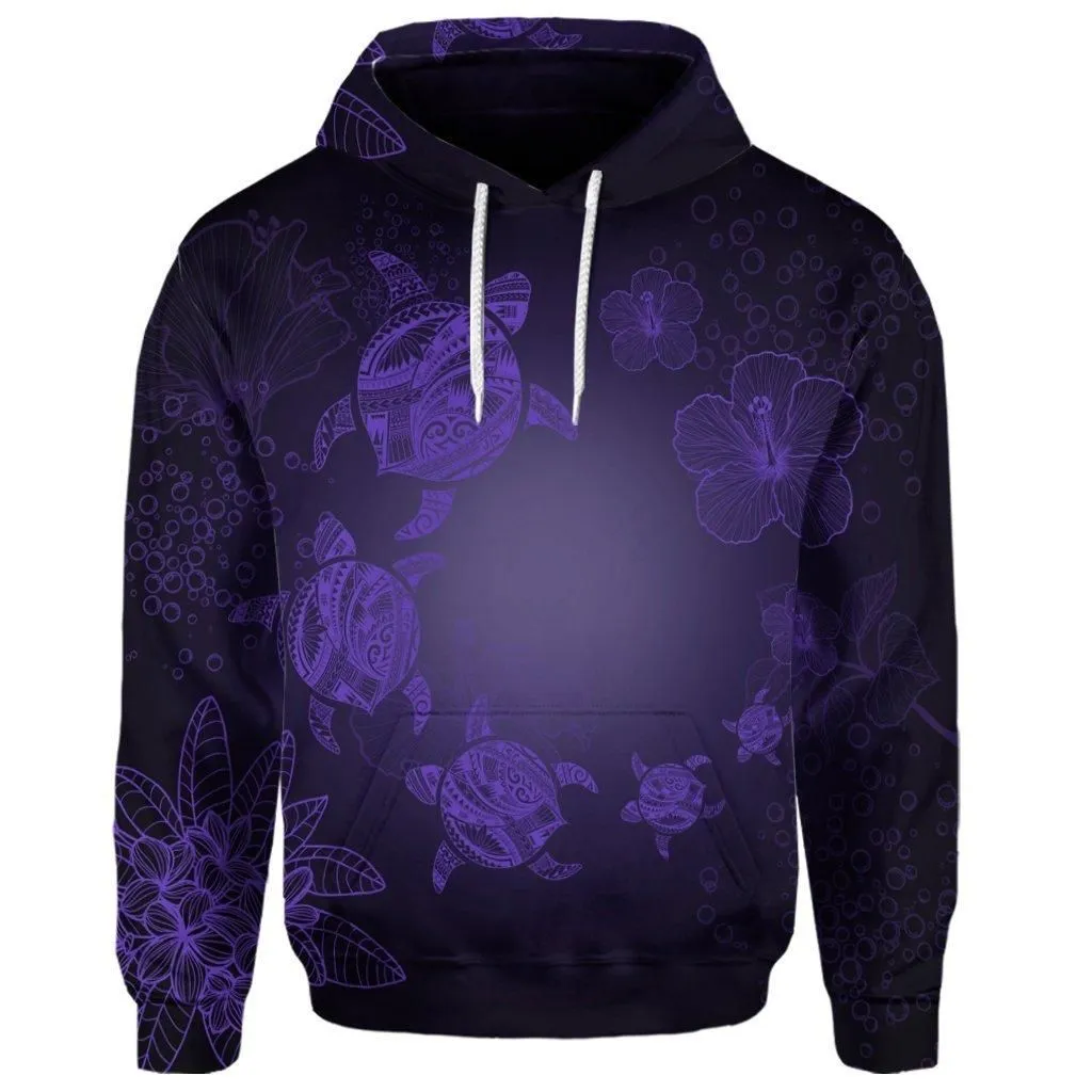(Personalised) Hawaiian Plumeria Hibiscus Turtle Under Sea Polynesian Hoodie Purple AH