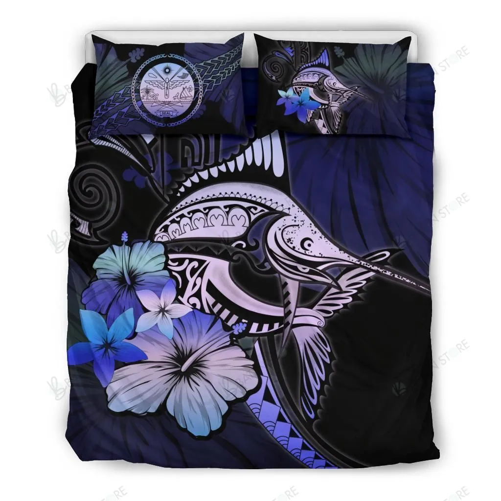 Marshall Islands Marlin And Hibiscus Bedding Set Bedroom Decor Purple Blue
