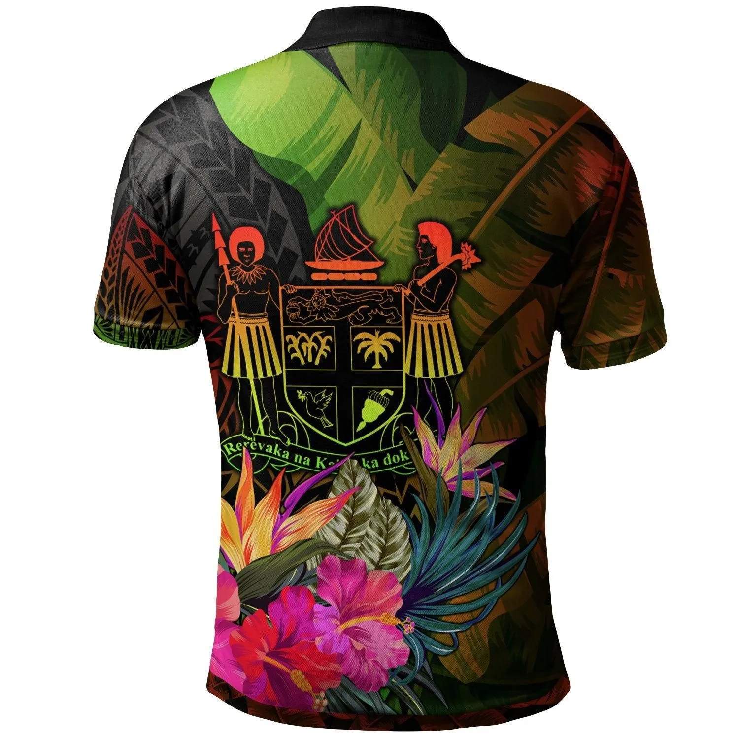 Fiji Polynesian Personalised Polo Shirt -  Hibiscus and Banana Leaves