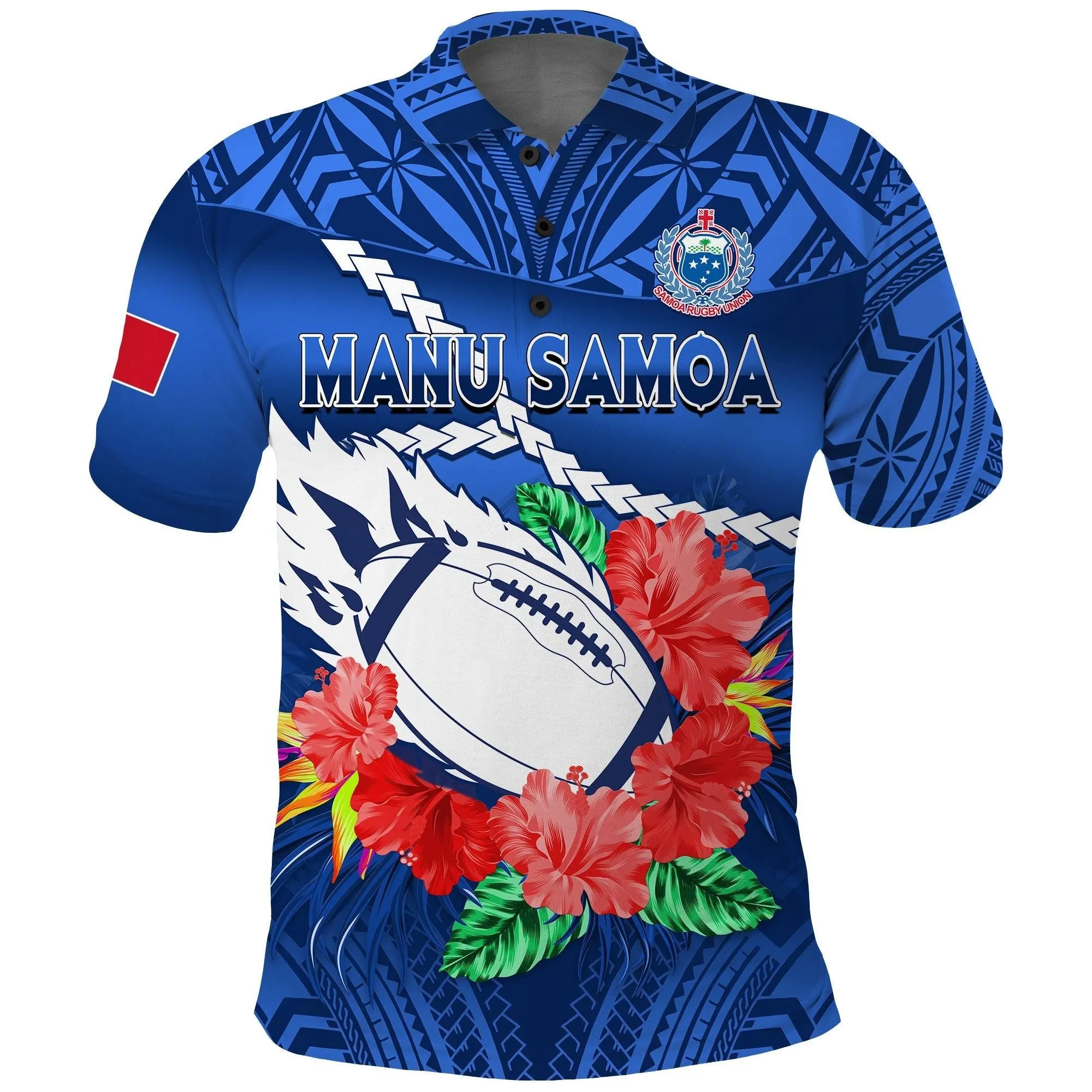 (Custom Text And Number) Samoa Rugby Polo Shirt Manu Samoa Polynesian Hibiscus Blue Style LT14